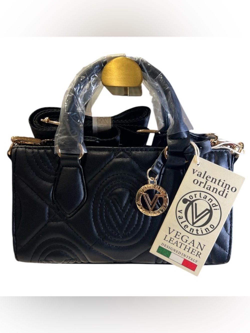 Valentino Orlandi Quilted Vegan Leather Satchel with Black w/Gold Hardware NWT